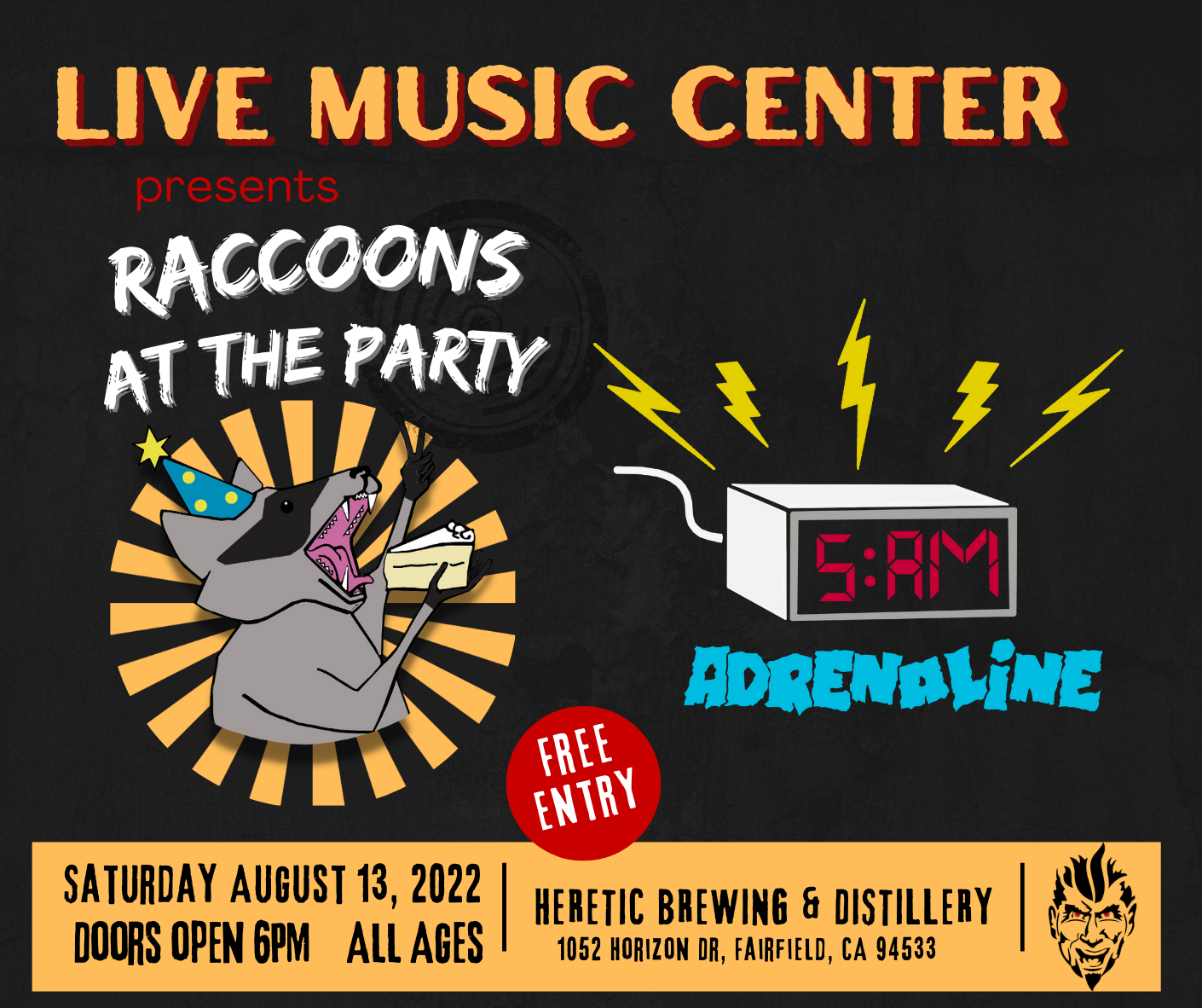 concert poster with image of raccoon eating cake and an alarm clock that reads 5AM Adrenaline